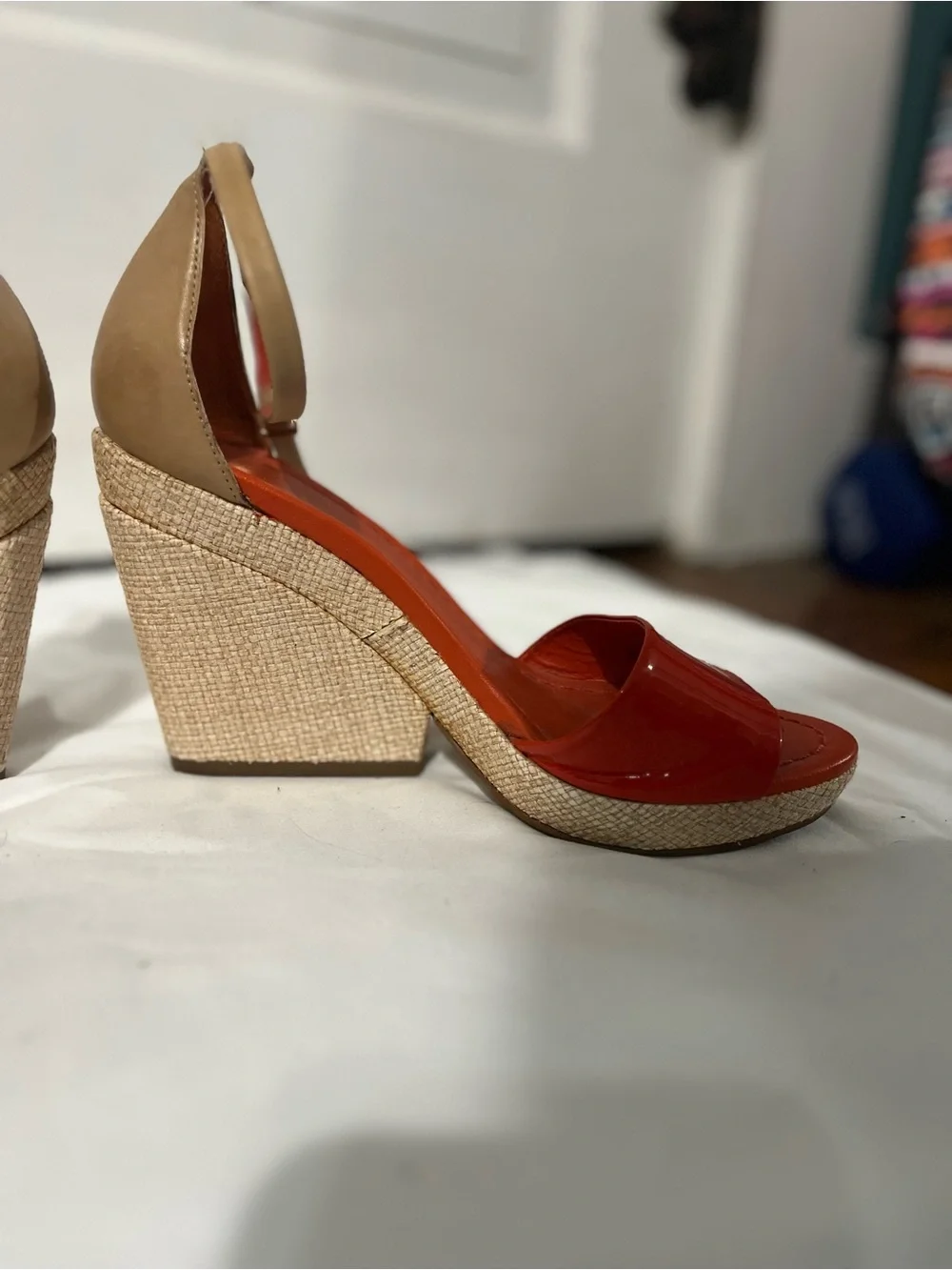 Kate Spade Wedge Sandals — bright orange  Patent & Tan Ankle Strap